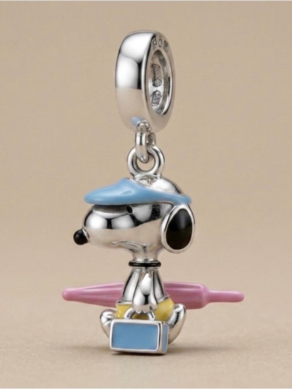 Silver Snoopy Surfing Dog Charm with Blue Hat and Pink Board